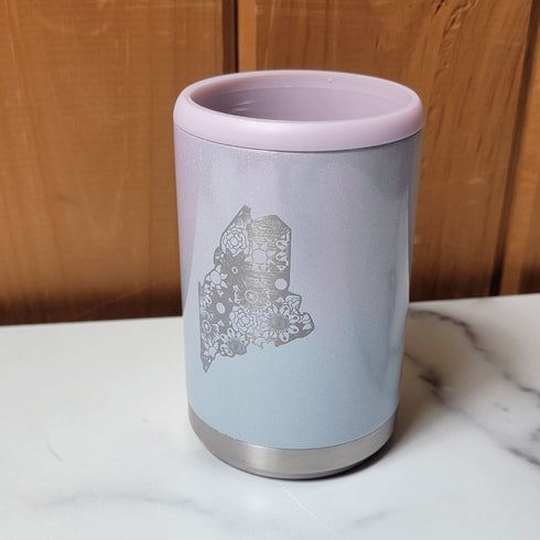 Maine Floral Engraved  Beer Can Cooler- White Ombre Glitter